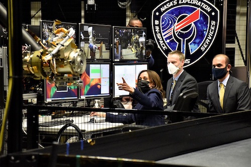 Vice President Kamala Harris operates a robotic arm inside NASA's Goddard Space Flight Center's Robotics Operation Center in Greenbelt, Maryland, on Nov. 5. (Robert R. Roberts/The Washington Informer)