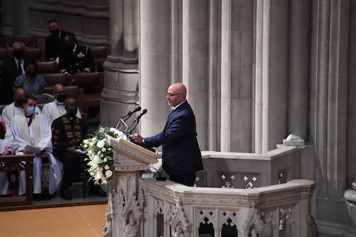 Michael Powell, son of former U.S. Secretary of State and retired four-star Gen. Colin L. Powell, delivers a tribute to his father during the senior Powell’s funeral on at the Washington National Cathedral on Nov. 5. (Anthony Tilghman/The Washington Informer)