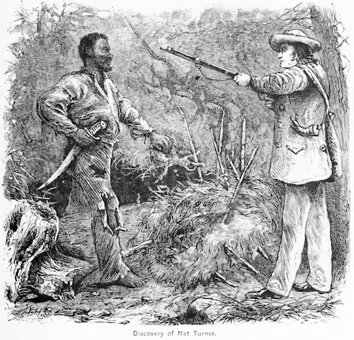 Discovery of Nat Turner: wood engraving illustrating Benjamin Phipps's capture of w:Nat Turner (1800-1831) on October 30, 1831, by William Henry Shelton (Wikimedia Commons)