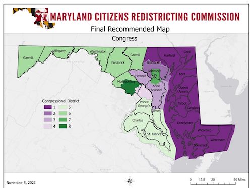 A proposed congressional map drawn by an independent, nonpartisan group appointed by Maryland Gov. Larry Hogan is seen here. Hogan signed an order for the Maryland General Assembly to hold a special session on Dec. 6 to review and approve a new congressional map. (Courtesy of Maryland Citizens Redistricting Commission)