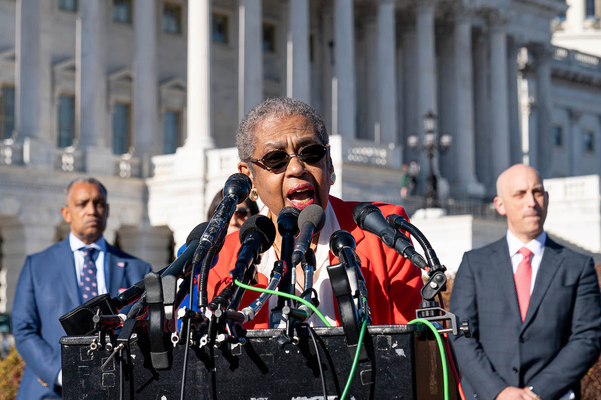 Congresswoman Eleanor Holmes Norton speaks about the legal action being taken by the District of Columbia against the Proud Boys and the Oath Keepers for their role in the U.S. Capitol insurrection on Dec. 14 on the grounds of the U.S. Capitol. (Abdullah Konte/The Washington Informer)