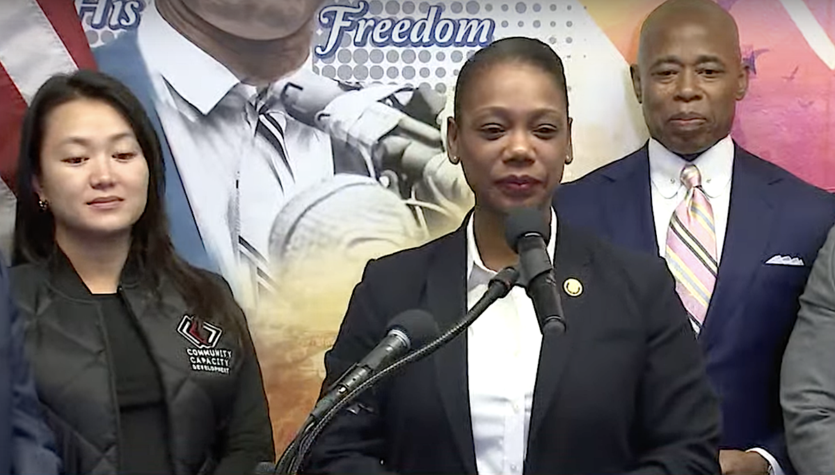 Keechant Sewell speaks during a press conference at the Queensbridge Houses in the Queens borough of New York on Dec. 15, 2021, to announce that Mayor-elect Eric Adams (right) has named Sewell as the city's next police commissioner. (Screen shot from video courtesy of WABC-TV)
