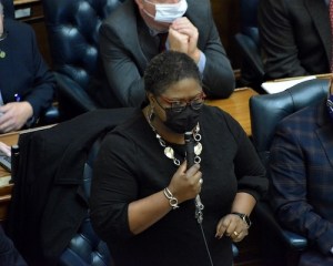 Maryland Del. Brenda Thiam, the state legislature's only Black Republican, talks about her support for Gov. Larry Hogan's veto of the state's redistricting plan at the State House in Annapolis on Dec. 9. (Robert R. Roberts/The Washington Informer)
