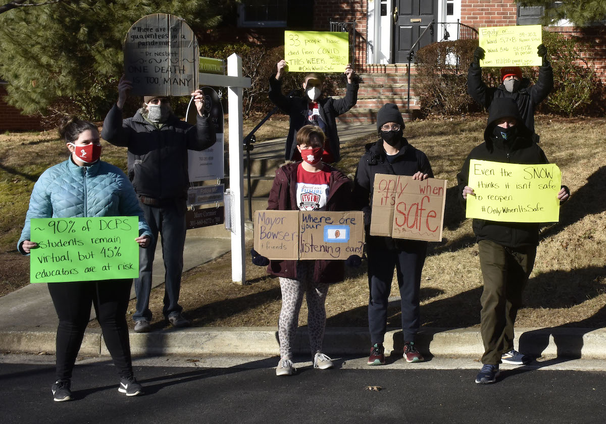 In early 2021, the Washington Teachers' Union held a demonstration outside of D.C. Mayor Muriel Bowser's home to voice their objection to returning to the classroom. (Courtesy photo)