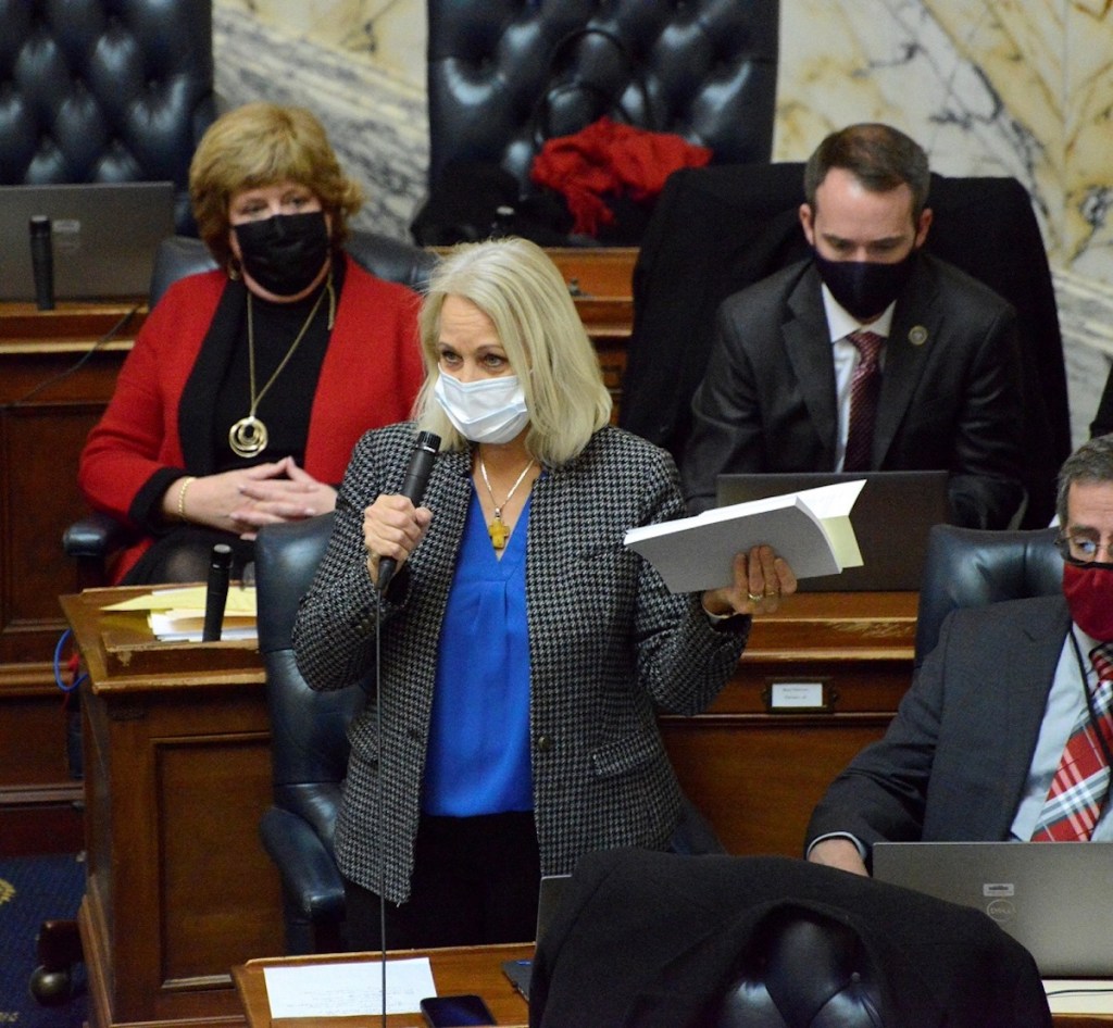 Maryland Del. Kathy Szeliga, a Republican who represents parts of Baltimore and Harford counties, speaks against a new legislative redistricting map during a session in the House chamber in Annapolis on Jan. 27. (Robert R. Roberts/The Washington Informer)