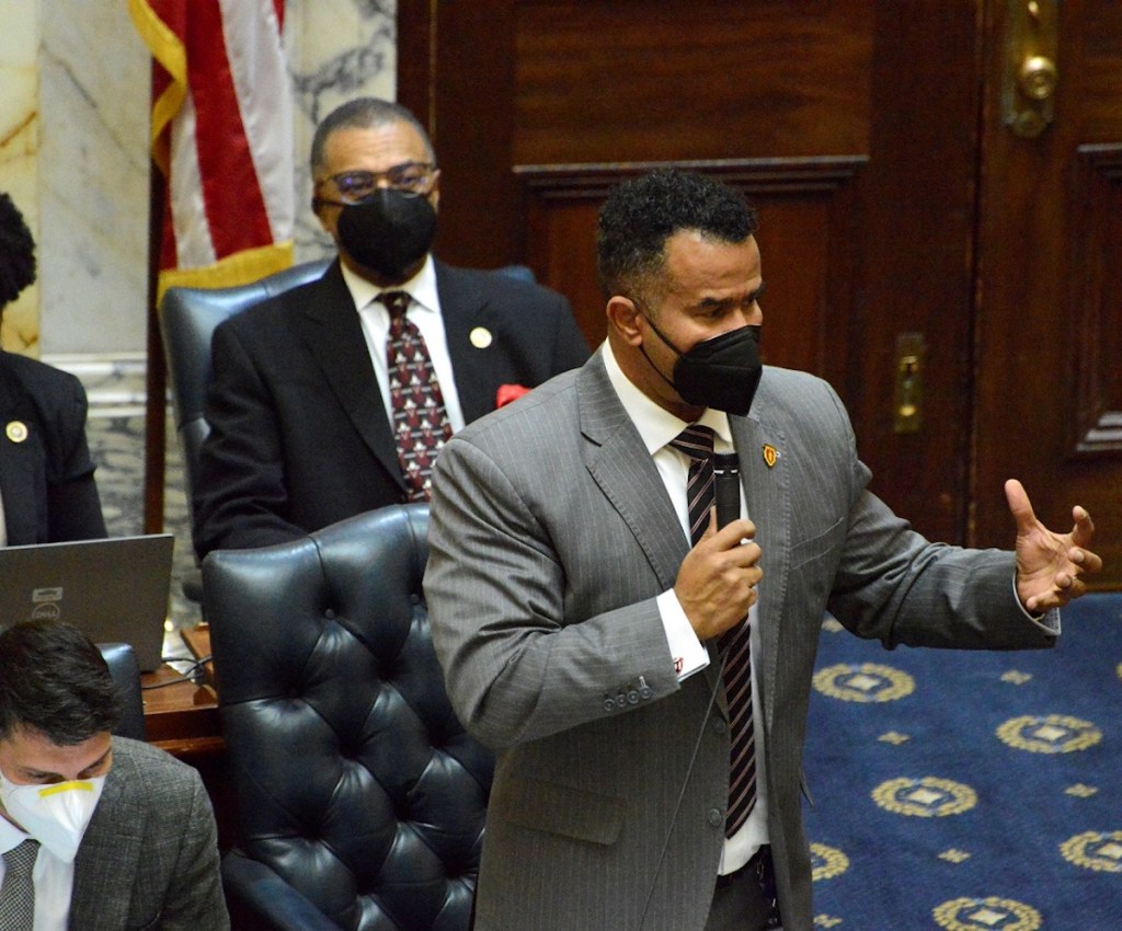 Maryland Del. C.T. Wilson (D-Charles County) speaks in support of a legislative redistricting map during a session in the House chamber in Annapolis on Jan. 27. (Robert R. Roberts/The Washington Informer)