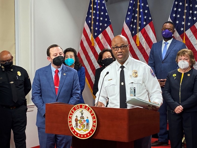 Prince George’s County Police Chief Malik Aziz joins other law enforcement leaders and Maryland Senate Democrats during a Feb. 3 press conference at the Miller Senate Building in Annapolis. (William J. Ford/The Washington Informer)