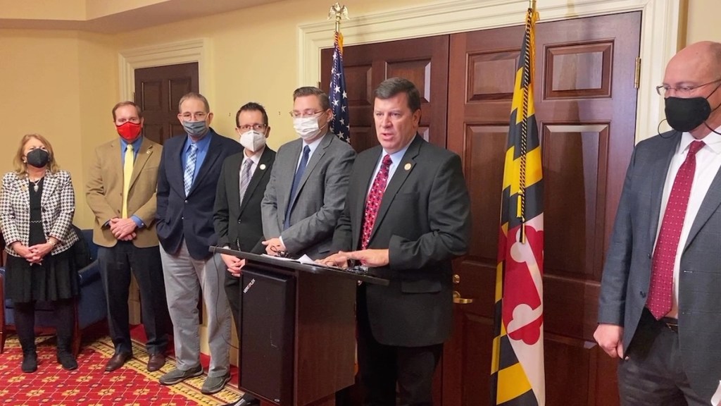 Maryland Senate Republicans, led by Minority Leader Bryan Simonaire (at lectern), hold a press briefing Feb. 3 in response to their Democratic colleagues' community safety plan proposal. (William J. Ford/The Washington Informer)