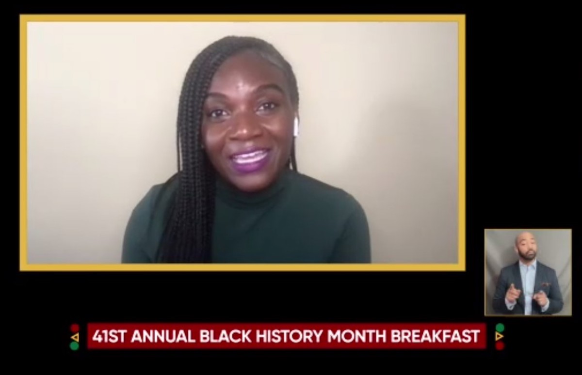 Dr. Kizzmekia Corbett, assistant professor of immunology and infectious diseases at Harvard University’s T.H. Chan School of Public Health, gives tje keynote address on Feb. 12 for the 41st annual Black History Month breakfast program hosted by Rep. Steny Hoyer (D-Maryland).