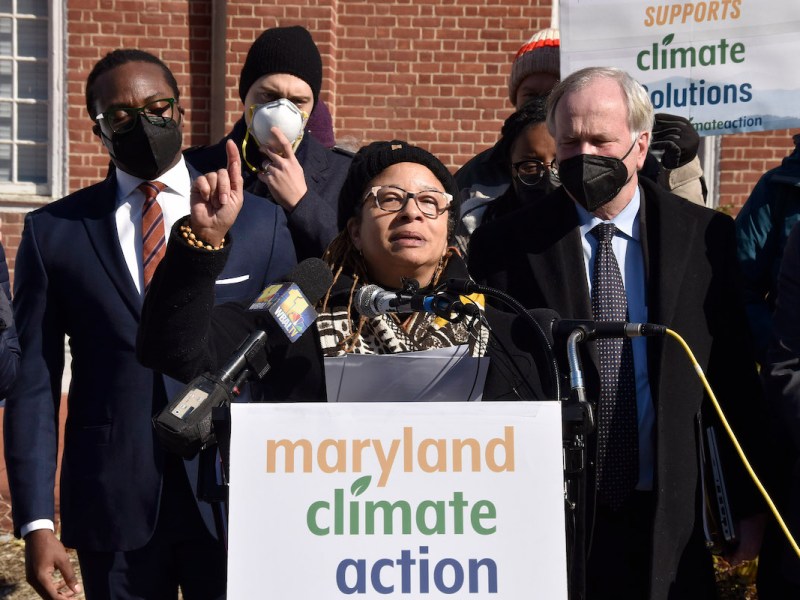 Robin Lewis of Bowie speaks in support of climate change legislation at a press conference on Feb. 15 at Lawyers' Mall in Annapolis. (Robert R. Roberts/The Washington Informer)