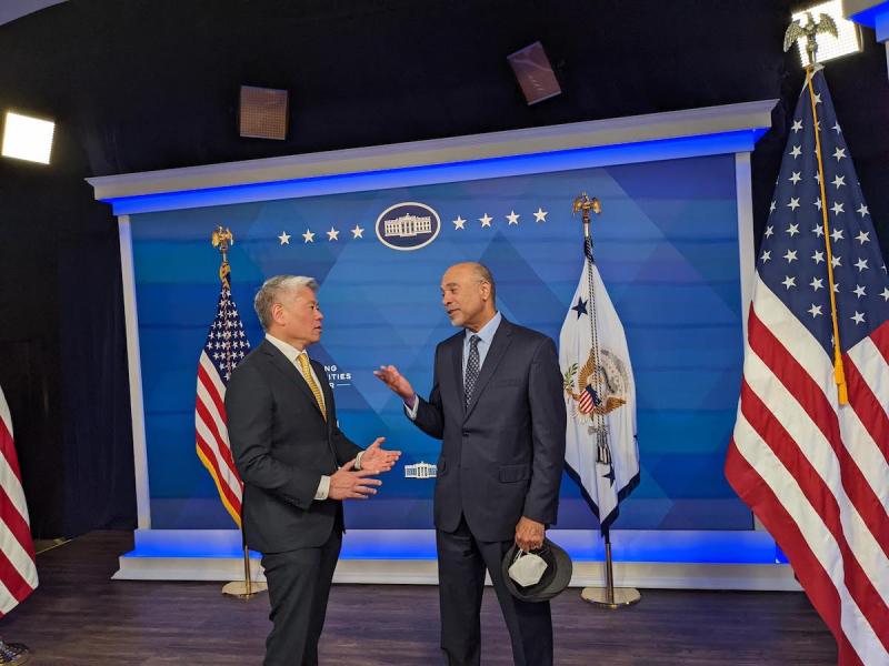 Following a White House briefing, Deputy Secretary of Homeland Security John Tien and Ronald Mason Jr., president of the University of the District of Columbia, discuss resources for HBCUs threatened with violence. (Brenda C. Siler/The Washington Informer)