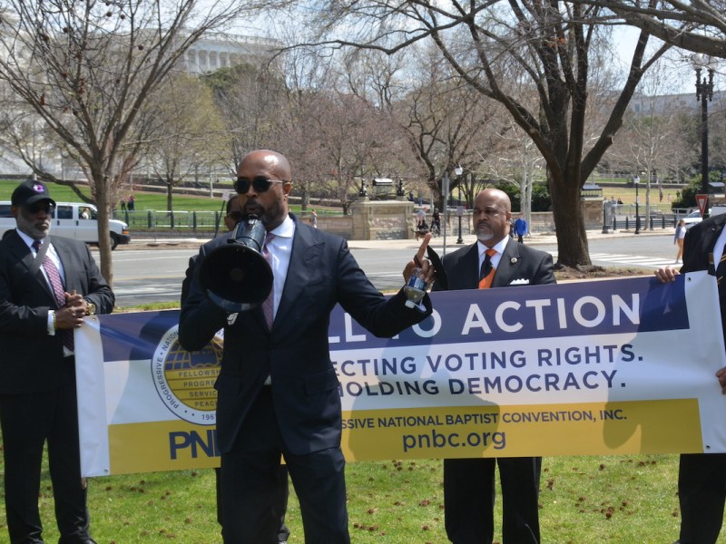 Dr. Frederick D. Haynes III, pastor of Frendship-West Baptist Church in Dallas, speaks in Washington, D.C. on March 21 with the Progressive National Baptist Convention during a Call to Action press conference, rally and march to protect voting rights on March 21. (Roy Lewis/The Washington Informer)