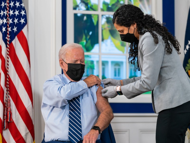 President Joe Biden receives a COVID-19 booster shot in the South Court Auditorium of the Eisenhower Executive office Building, Monday, September 27, 2021, at the White House. (Official White House Photo by Cameron Smith)