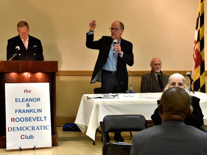 Maryland Democratic gubernatorial candidate Tom Perez (center) responds to a question during a candidate forum at the American Legion Post 136 in Greenbelt on April 3 as fellow candidate Jerome Segal (right) listens. Five candidates participated in the forum hosted by the Eleanor & Franklin Roosevelt Democratic Club. (Robert R. Roberts/The Washington Informer)