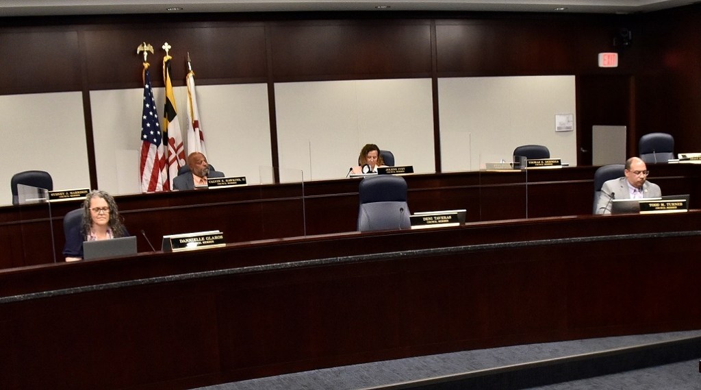 From left: Prince George’s County Council members Dannielle Glaros, Calvin Hawkins III, Jolene Ivey and Todd Turner sit in the hearing room at the Wayne K. Curry Administration Building in Largo, Maryland, on May 3. (Robert R. Roberts/The Washington Informer)