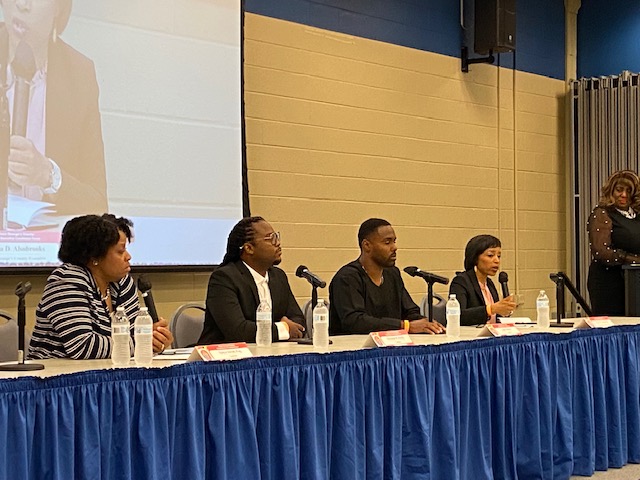 Prince George’s County executive hopefuls (from left) Tonya Sweat, Sherman Hardy, Leigh Bodden and incumbent Angela Alsobrooks participate in a candidate forum at Prince George’s Community College in Largo, Maryland on June 21. Standing is moderator Joyce Starks of the League of Women Voters of Prince George's County. (William J. Ford/The Washington Informer)