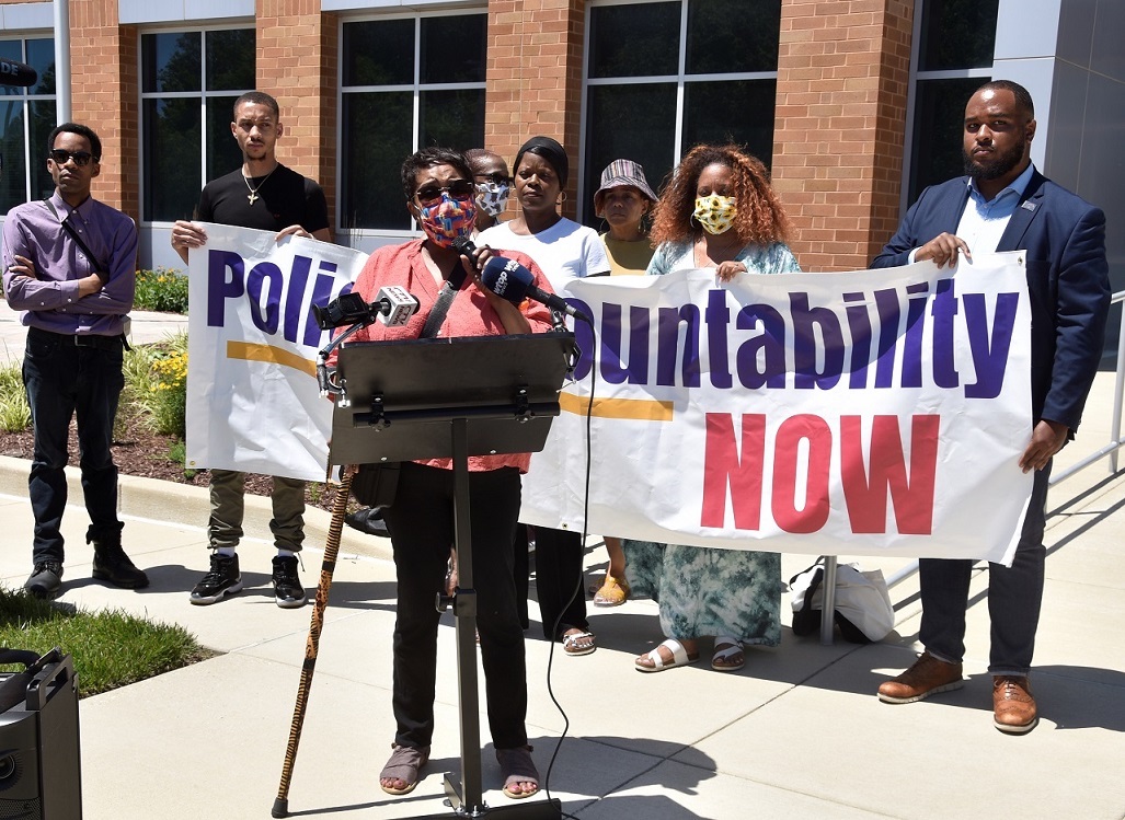 Josette Blocker of Bowie speaks during a press conference outside the Wayne K. Curry Administration Building in Largo, Maryland, on June 6 in support of proposed amendments to establish a Prince George's County Police Accountability Board. (Robert R. Roberts/The Washington Informer)