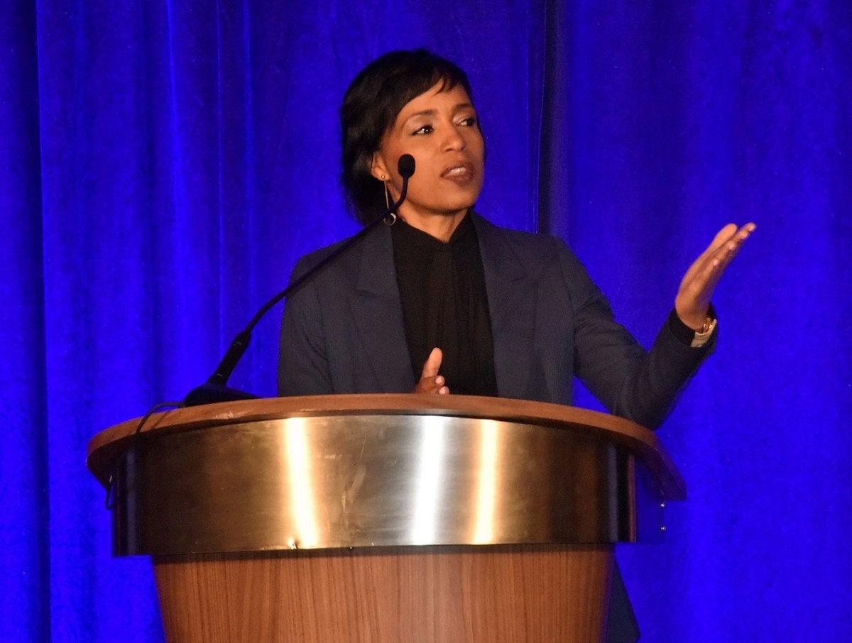 Prince George's County Executive Angela Alsobrooks gives the county’s annual State of the Economy address at MGM National Harbor casino resort on June 7. (Robert R. Roberts/The Washington Informer)