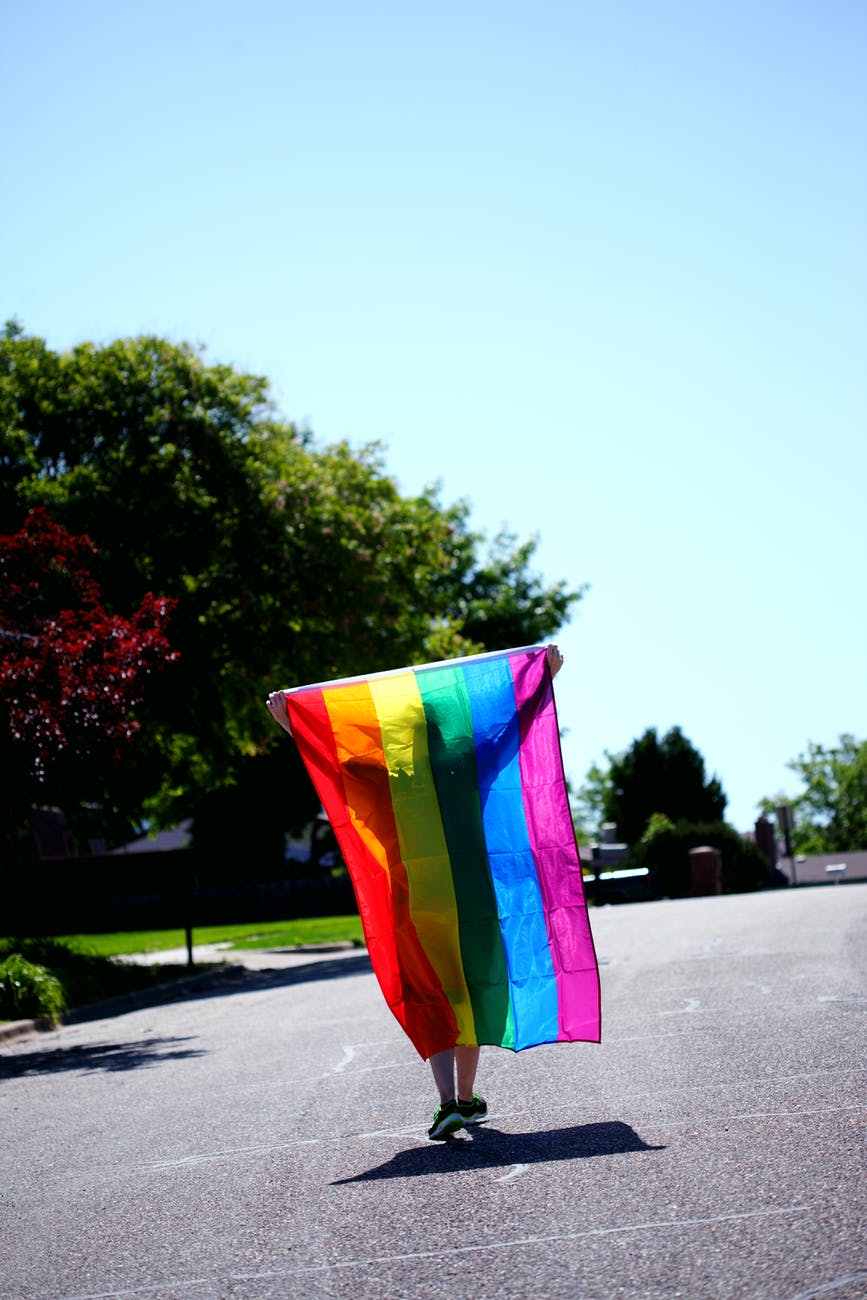 person walking while holding rainbow colored flag