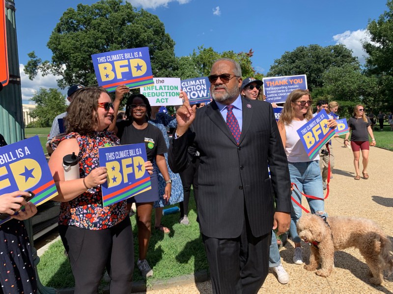 Rep. Jamaal Bowman, New York Democrat, thanks and celebrates with activists outside the U.S. Capitol building in D.C. after the Aug. 12 vote on the Inflation Reduction Act. (Kayla Benjamin/The Washington Informer)