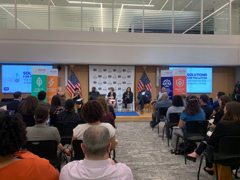 Seven leaders in public health, clean energy, environmental justice and political advocacy speak at the Solutions for Pollution campaign launch held at the Center for American Progress on Sept. 12. (Courtesy photo)