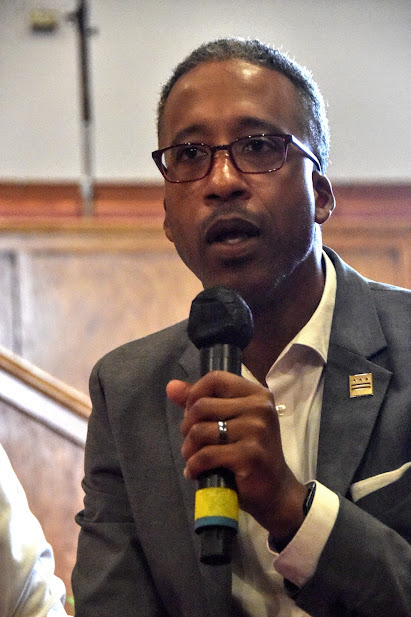 Ward 5 Council member Kenyan McDuffie, now seeking one of the at-large council seats, talks public safety during a candidates forum held Sept. 7 at Matthews Memorial Baptist Church in southeast D.C. (Robert R. Roberts/The Washington Informer)