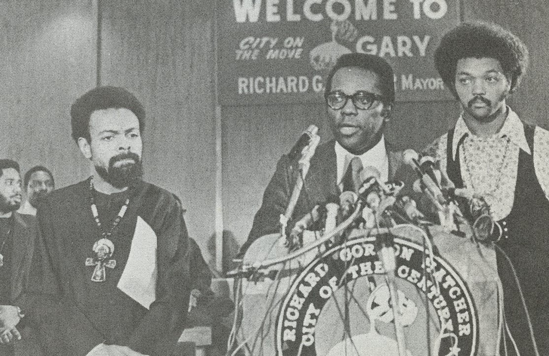 Imamu Baraka, Mayor Richard Hatcher, and Jesse Jackson, National Black Political Convention, Gary, 1972. (Fair use image)