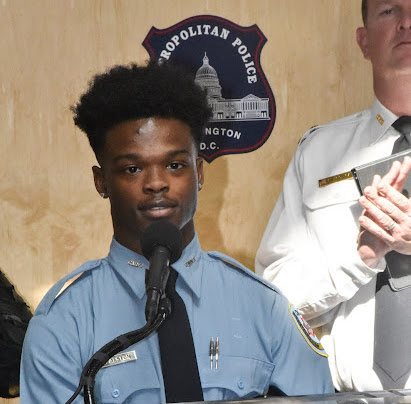 Metropolitan Police Department Cadet Taron Alston speaks during an opening ceremony for the department's new Cadet Corps Training Center on Martin Luther King Jr. Avenue SE in D.C. on Oct. 19. (Robert R. Roberts/The Washington Informer)