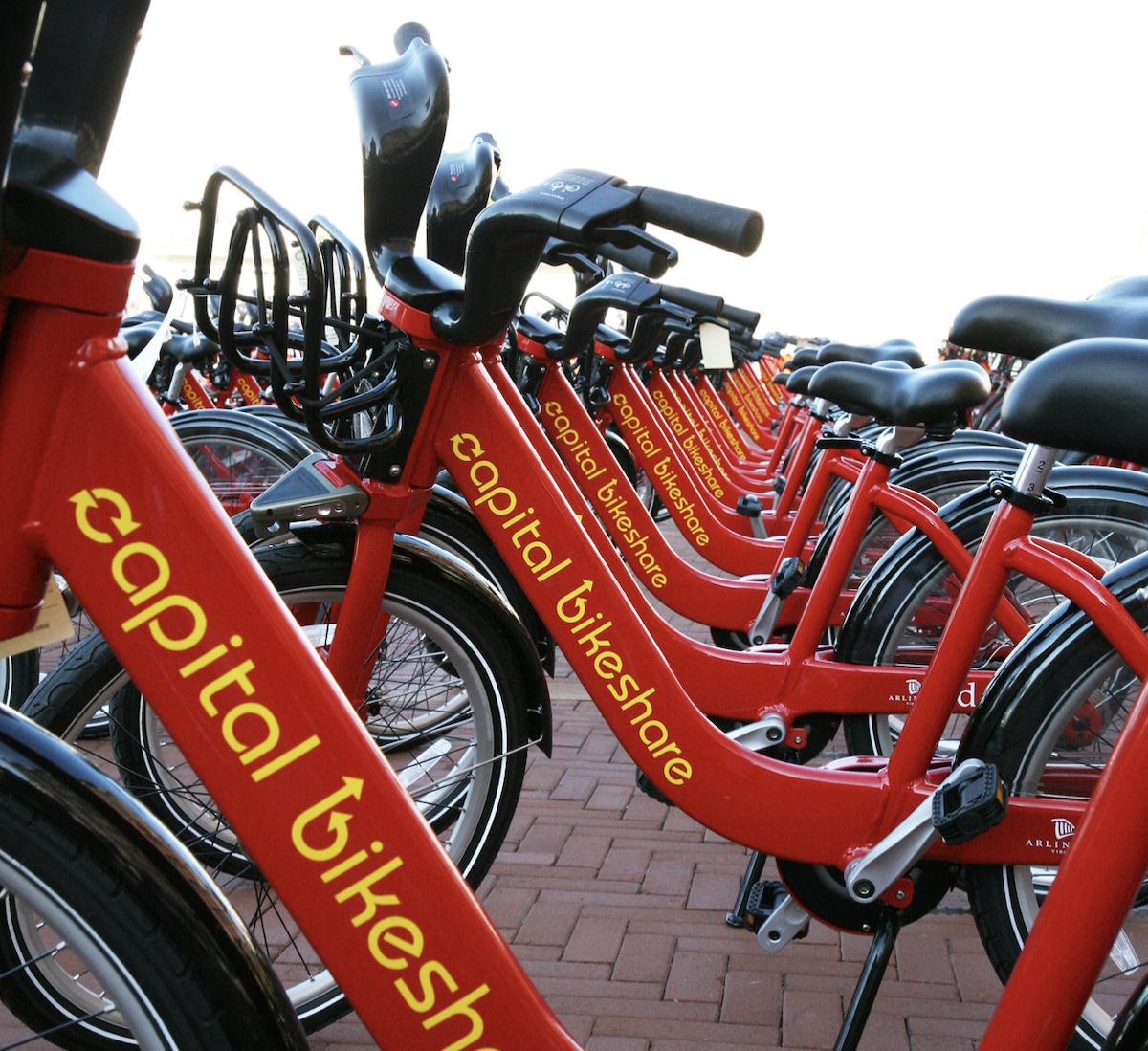 Bicycles from Capital Bikeshare line a sidewalk in northwest D.C. (Courtesy of Capital Bikeshare)