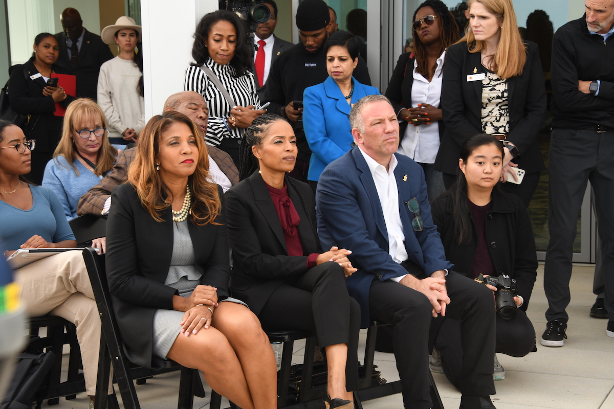 Maryland Gov.-elect Wes Moore and Lt. Gov.-elect Aruna Miller announce their transition team co-chairs (seated, from left) Shelonda Stokes, president of the Downtown Partnership of Baltimore, Prince George’s County Executive Angela Alsobrooks and former Howard County Executive Ken Ulman. (Anthony Tilghman/The Washington Informer)