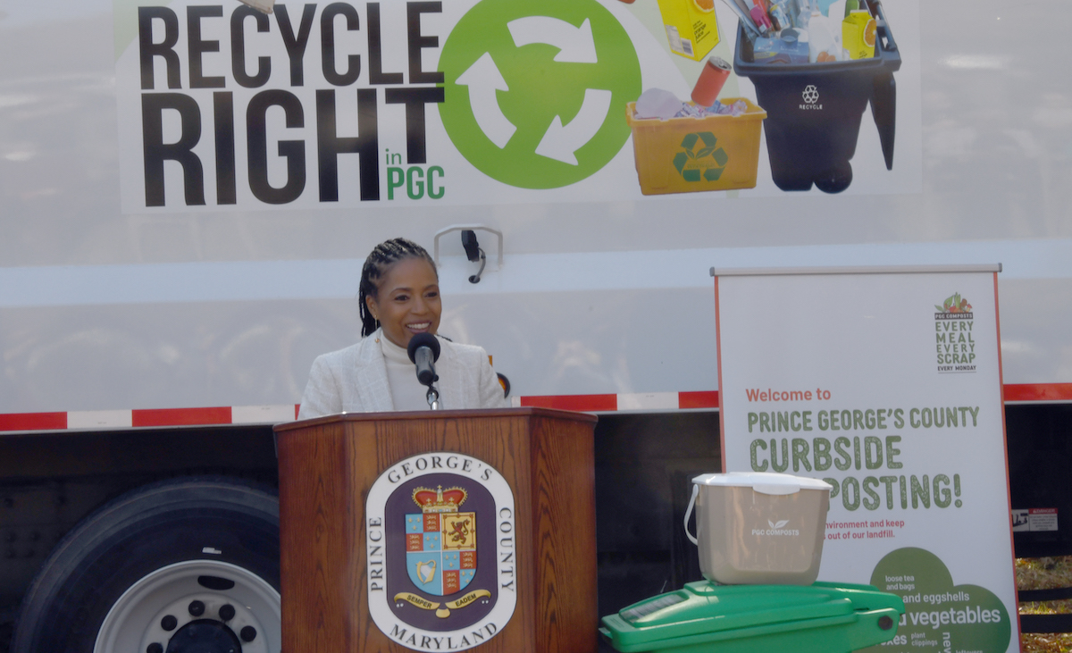 Prince George's County Executive Angela Alsobrooks emphasized the curbside composting program's twin goals: providing extra trash services for residents and pushing environmental sustainability. (Anthony Tilghman/The Washington Informer)