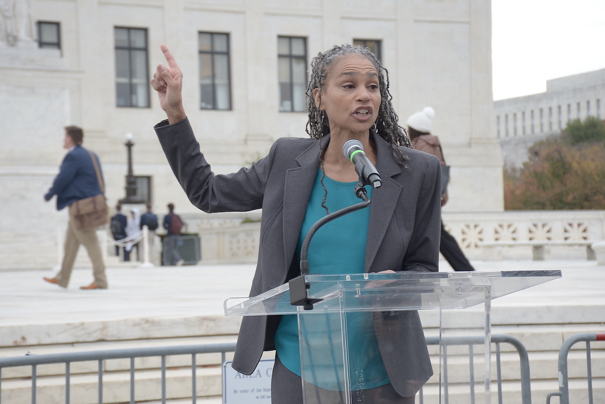 Maya Wiley, president and CEO of the Leadership Conference Education Fund, talks to demonstrators in front of the U.S. Supreme Court in northeast D.C. on Oct. 31 about her support for affirmative action and the progress of education in America. (Roy Lewis/The Washington Informer)