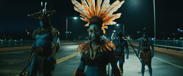 From left: Alex Livinalli as Atuma and Mabel Cadena as Namora spent a lot of time in the water, and they were in headdresses for their characters. (Courtesy of Marvel Studios)