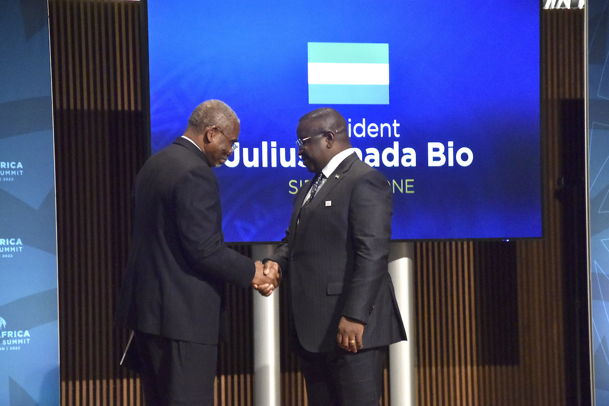 Rep. Gregory Meeks (left) greets Sierra Leone President Julius Maada Bio during the 2022 U.S.-Africa Leaders Summit at the Smithsonian Institute National Museum of African American History and Culture in D.C. on Dec. 13. (Robert R. Roberts/The Washington Informer)
