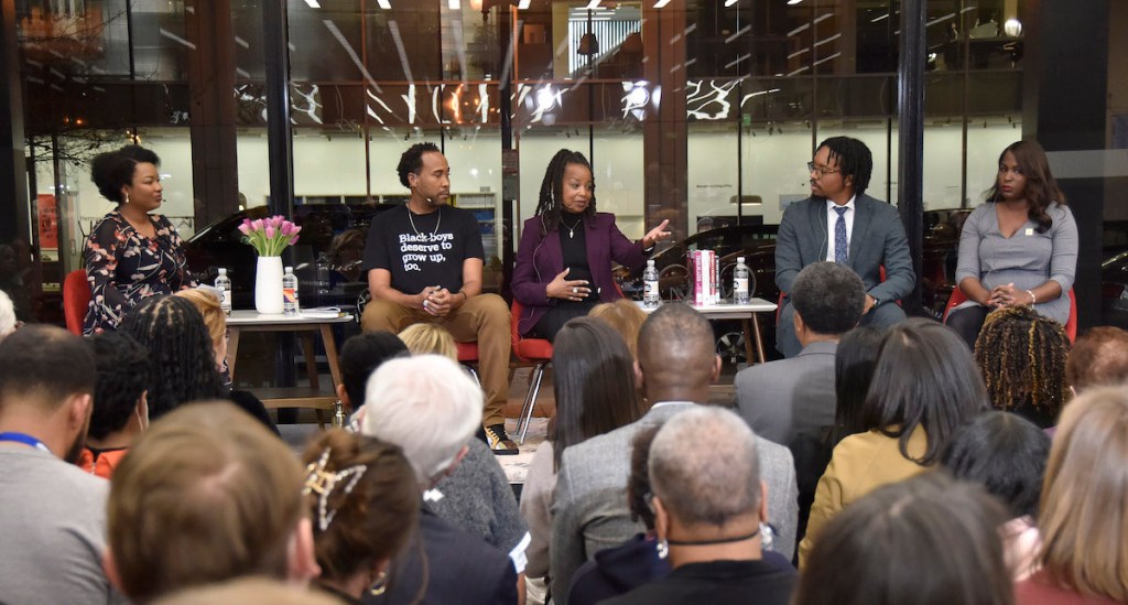 Panelists spoke about the connection between the media and Emmett Till’s story. From left: NPR reporter Ayesha Rascoe (moderator); National Black Justice Coalition executive director Dr. David Johns; Washington Informer publisher Denise Rolark Barnes; Atlantic writer Vann R. Newkirk II; and D.C. Chief Equity Officer Dr. Amber Hewitt. (Robert R. Roberts/The Washington Informer)