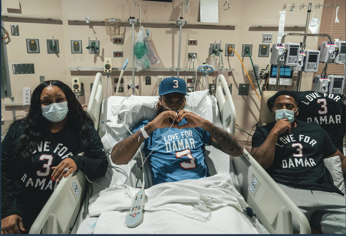 Buffalo Bills safety Damar Hamlin dropped to the ground mid-game while facing the Cincinnati Bengals Jan. 3, and had been treated in the hospital, where he cheered on his team Jan. 8. (Courtesy of the Buffalo Bills via Twitter)