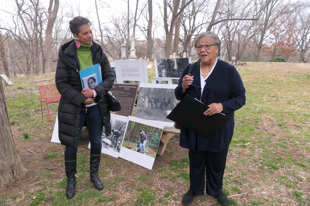 D.C. Council member Anita Bonds (right), shown here with Lisa Fager, executive director of the Black Georgetown Foundation, introduced a D.C. Council resolution honoring Mount Zion-Female Union Band Society Cemetery in early February. (Shevry Lassiter/The Washington Informer)