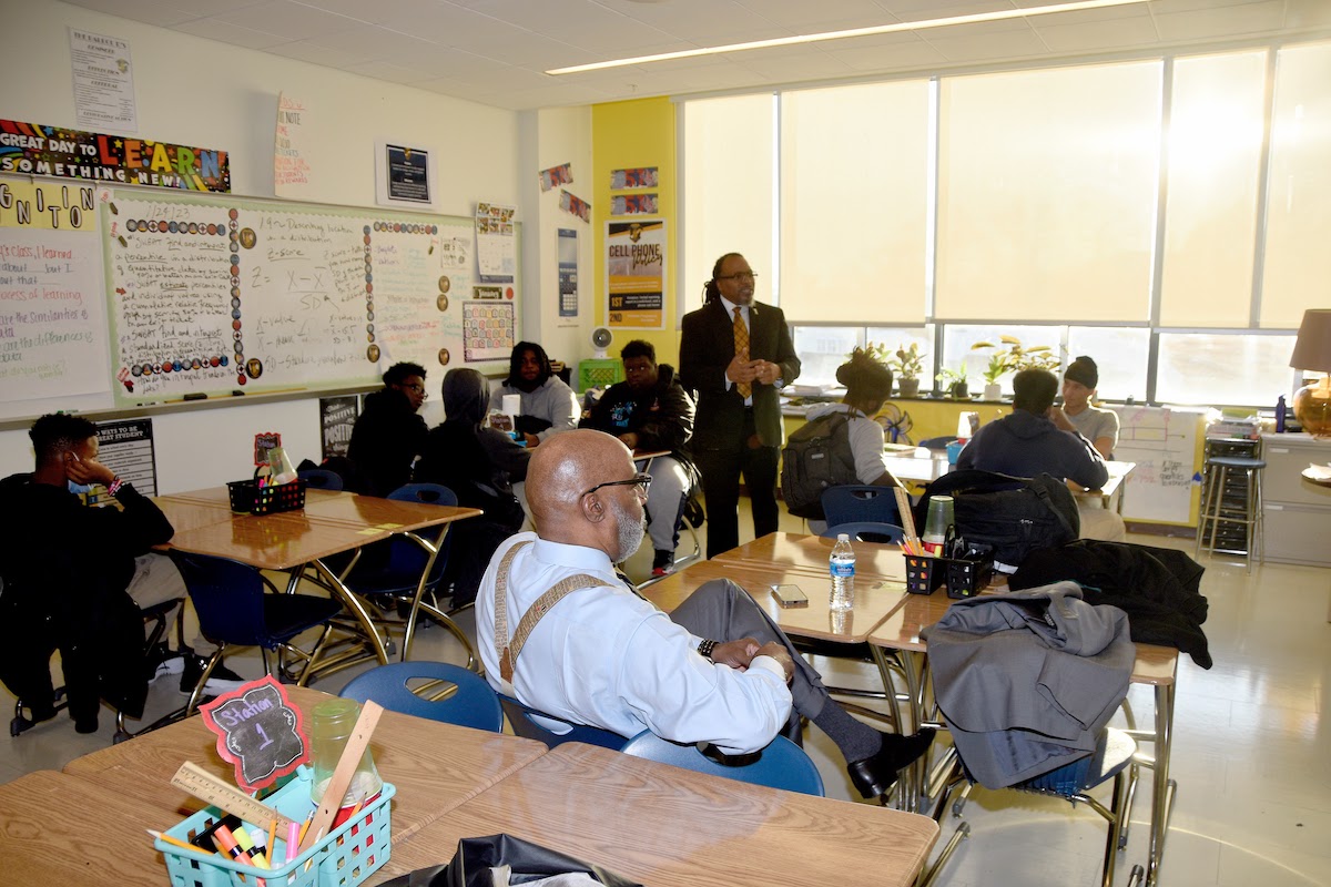 Samuel Armstrong speaks to the students at Ballou High Senior High School as part of the Education and Mentorship Initiative with the Mu Lambda Chapter of Alpha Phi Alpha. (Robert R. Roberts/The Washington Informer)