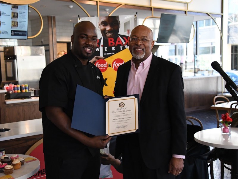 Recently elected Congressman Glenn Ivey (right) awarded Kareem Queeman, also known as "Mr. Bake," with a congressional citation. (Anthony Tilghman/The Washington Informer)
