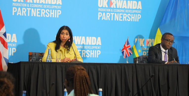 The United Kingdom's Home Secretary, Suella Braverman and Rwanda's Minister of Foreign Affairs, Dr Vincent Biruta address journalists after signing the agreement in Kigali on March 18. (Courtesy photo/Craish Bahizi)