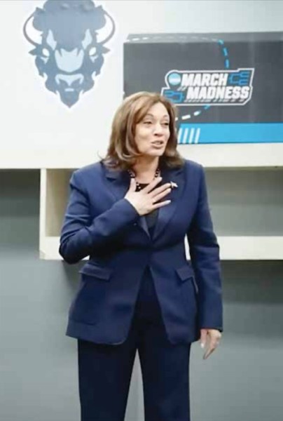Vice President Kamala Harris met with the Howard University men's basketball team after their loss to the University of Kansas during the NCAA tournament. (Courtesy of HBCU Gameday)