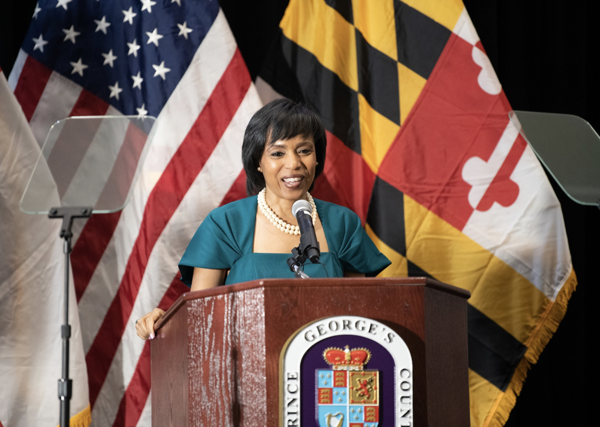 Prince George's County Executive Angela Alsobrooks presents the proposed FY24 budget during the State of the County Budget Address held at the Hotel at UMD on March 15. (Courtesy of the Office of the County Executive)