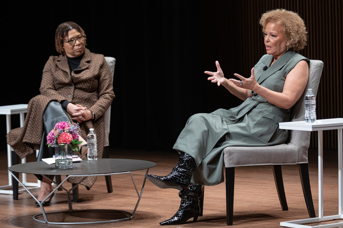 Michel Martin (left), co-host of NPR’s “Morning Edition,” talks with Debra Lee, retired chairman and CEO of BET Networks, about her memoir “I Am Debra Lee.” The program took place recently at the Smithsonian National Museum of African American History and Culture. (Courtesy of the Smithsonian Institution)