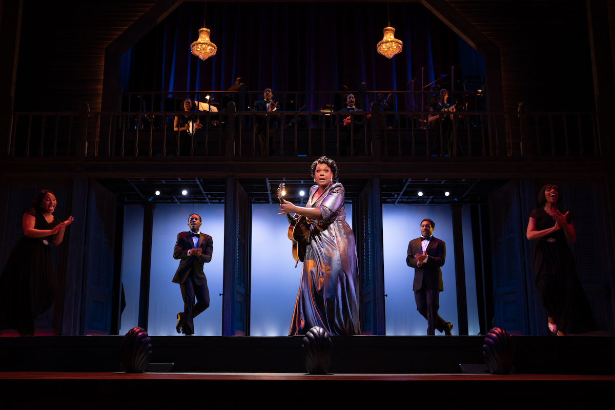 Carrie Compere as Sister Rosetta Tharpe and the cast of the musical “Shout Sister Shout!,” at Ford’s Theatre until May 13 (Photo by André Chung)
