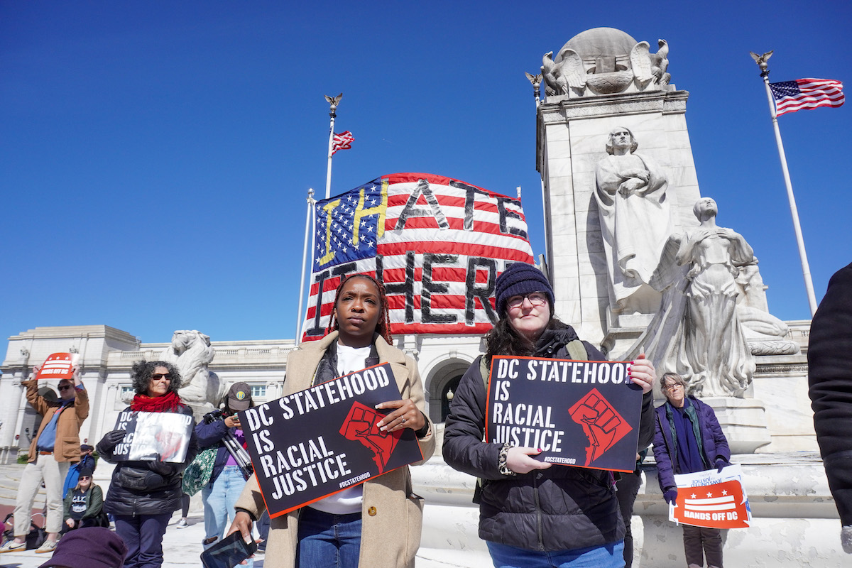 Hours before the Senate's 81-14-1 vote of the RCCA disapproval resolution on March 8, a collective of grassroots organizations, advocates and elected officials march to the U.S. Capitol in support of the legislation and the ongoing fight for D.C. statehood. (Courtesy of Cleveland Nelson)