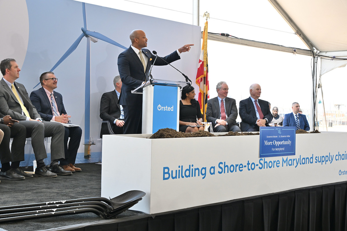 Maryland Gov. Wes Moore speaks at an event in Sparrows Point, Maryland, where signed several environmental bills, including the Promoting Offshore Wind Energy Resources (POWER) Act, on April 21. (Photo by Joe Andrucyk, Patrick Siebert)