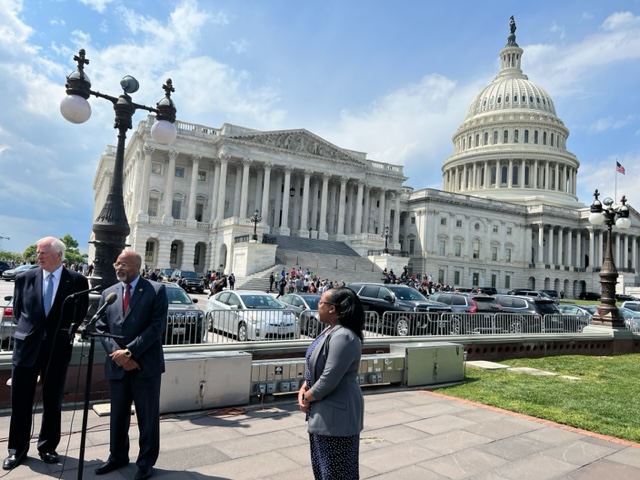 Congressman Glenn Ivey (center), alongside California Congressman Mike Thompson (left) and Adzi Vokhiwa, the federal affairs director of Giffords, as he announces his first bill (Courtesy of Ivey's office)