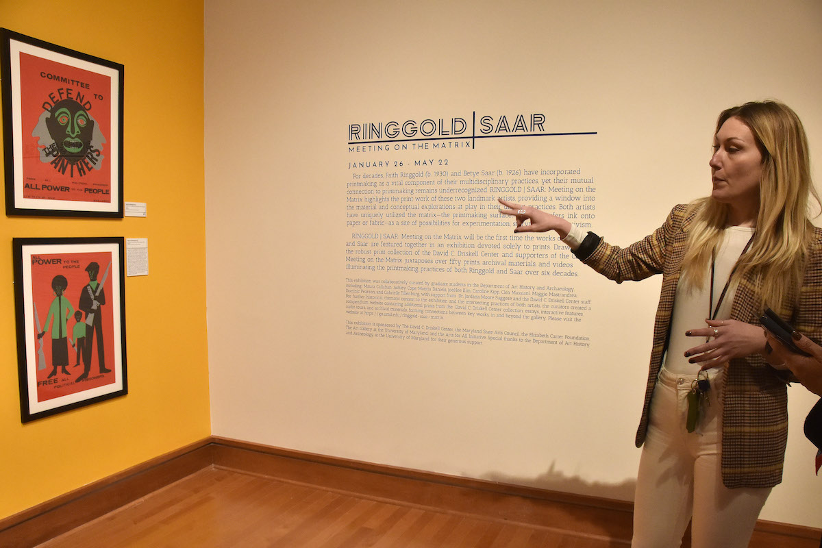 The David C. Driskell Center exhibition “RINGGOLD | SAAR: Meeting on the Matrix” runs until May 22. Curator Clea Massiani, a doctoral student majoring in art history and Driskell Center graduate assistant, discusses Ringgold’s works. (Robert R. Roberts/The Washington Informer)