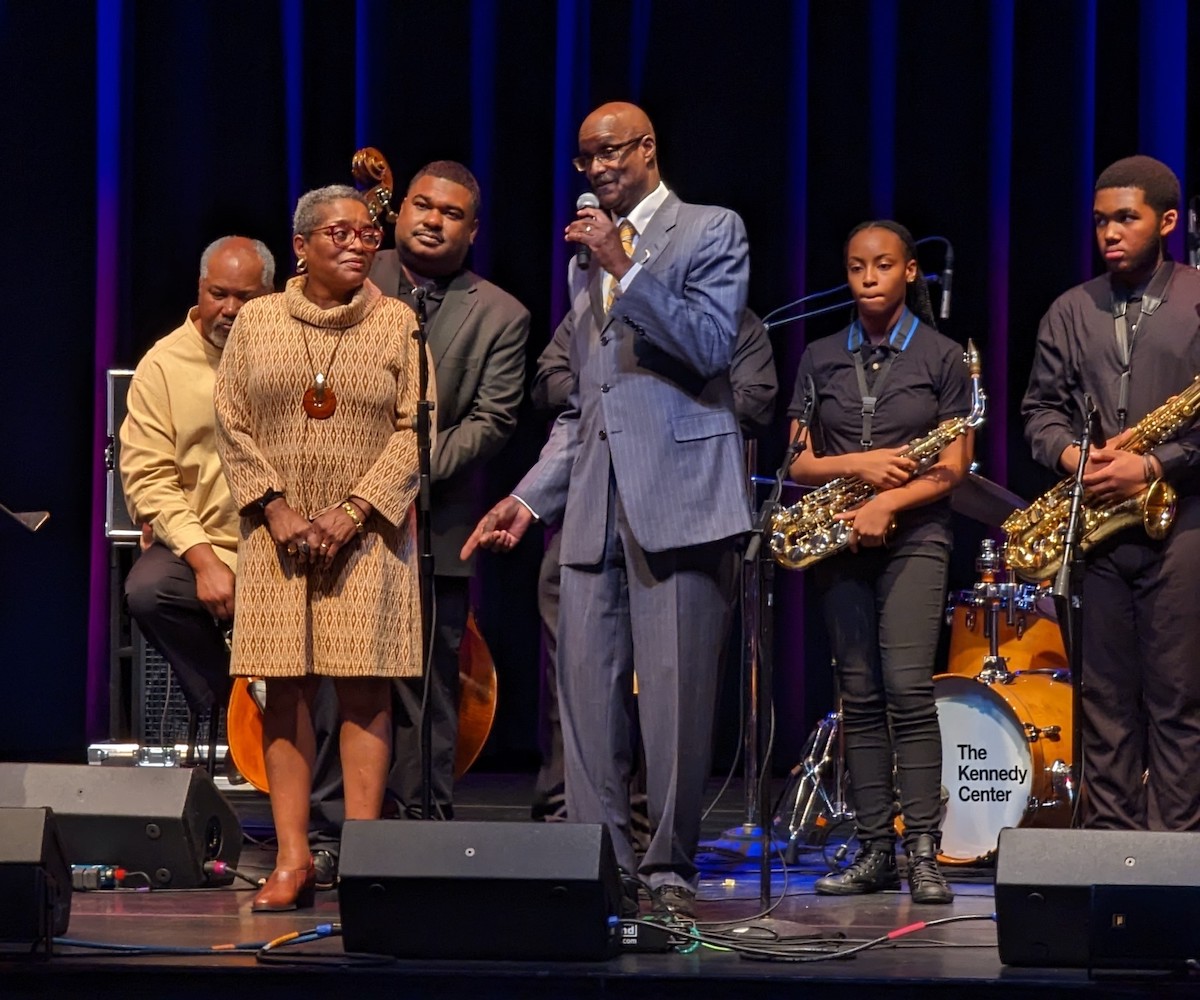From left, foreground: Esther Williams-Yarborough and Davey Yarborough co-founded the Washington Jazz Arts Institute 25 years ago. Current students, graduates and mentors recently performed together on the Millennium Stage at the Kennedy Center. (Brenda C. Siler/The Washington Informer)
