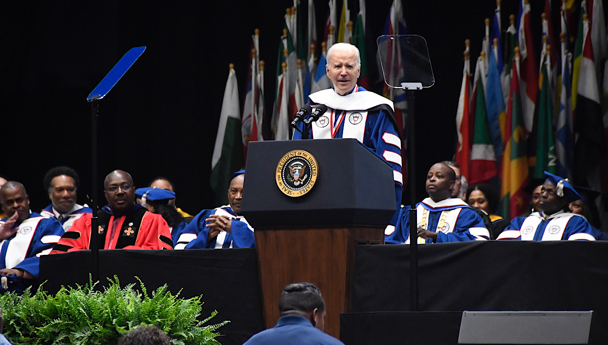 President Joe Biden speaks to Howard University's Class of 2023 during the commencement ceremony at Capital One Arena in D.C. on May 13. (Robert R. Roberts/The Washington Informer)
